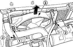 Расположение электрического разъема (1) и болтов (2) крепления вентилятора радиатора (3)
