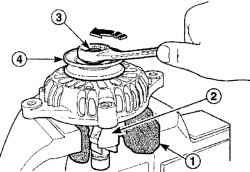 Расположение винтов крепления диодного моста (1), щеткодержателя и регулятора напряжения (2) и снятие статора (3) с диодным мостом/щеткодержателем/регулятором напряжения (4)