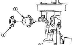 Снятие фиксатора (1) и регулятора давления топлива (2)
