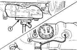 Расположение домкрата поддержки топливного бака (1) и шланга (2) поглотителя паров топлива