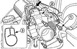 Расположение болтов (1) крепления дроссельного узла (2) и прокладки (3) дроссельного узла
