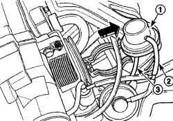Места подсоединения вакуумного шланга (2) и шланга модулятора (3) к модулятору (1) клапана рециркуляции отработавших газов