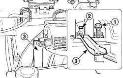 Расположение болта (1) и гайки (2) крепления вспомогательного кронштейна (3)