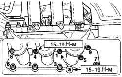 Последовательность затягивания гаек крепления впускного коллектора и расположение гайки (а) крепления кронштейна впускного коллектора