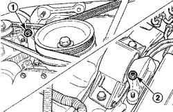 Расположение гаек крепления промежуточного кронштейна с нижней (1) и верхней (2) части автомобиля